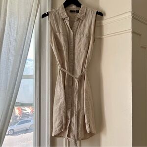 Beige Linen Sleeveless Button Down Dress